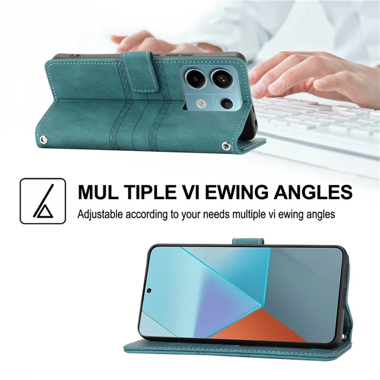 For Xiaomi Redmi Note 13 Pro 5G / Poco X6 5G Cover Soft PU Leather Imprinted Pattern Phone Case with Hand Strap - Blackish Green