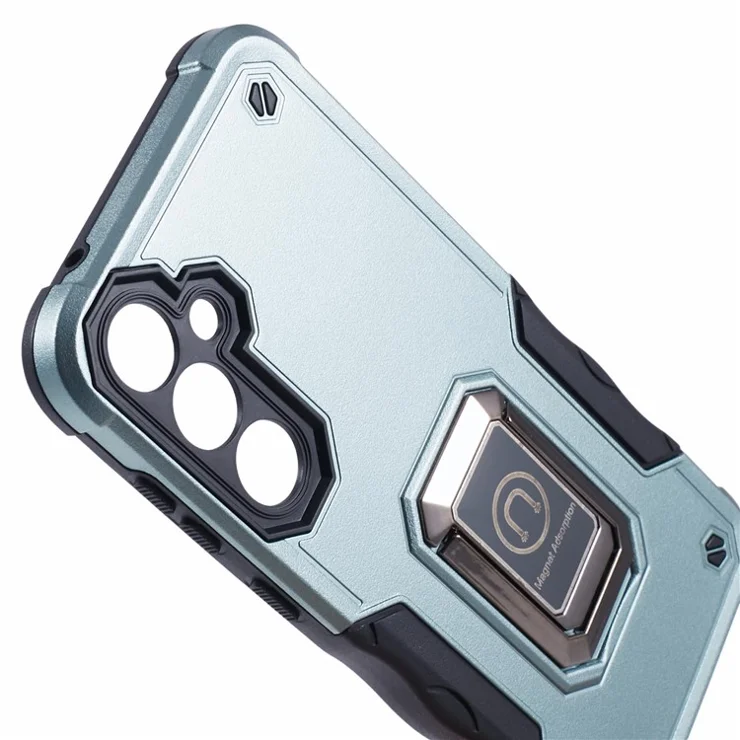For Samsung Galaxy S23 FE Case Anti-drop PC+TPU Phone Cover with Ring Kickstand - Green
