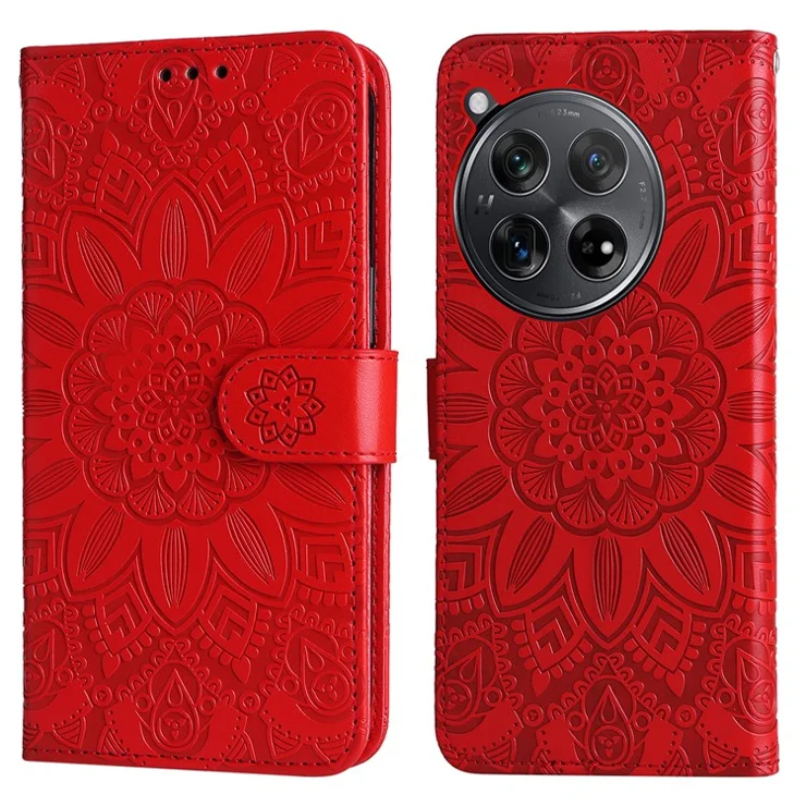 For OnePlus Ace 3 5G / 12R 5G Leather Case Imprinted Flower Phone Stand Cover - Red