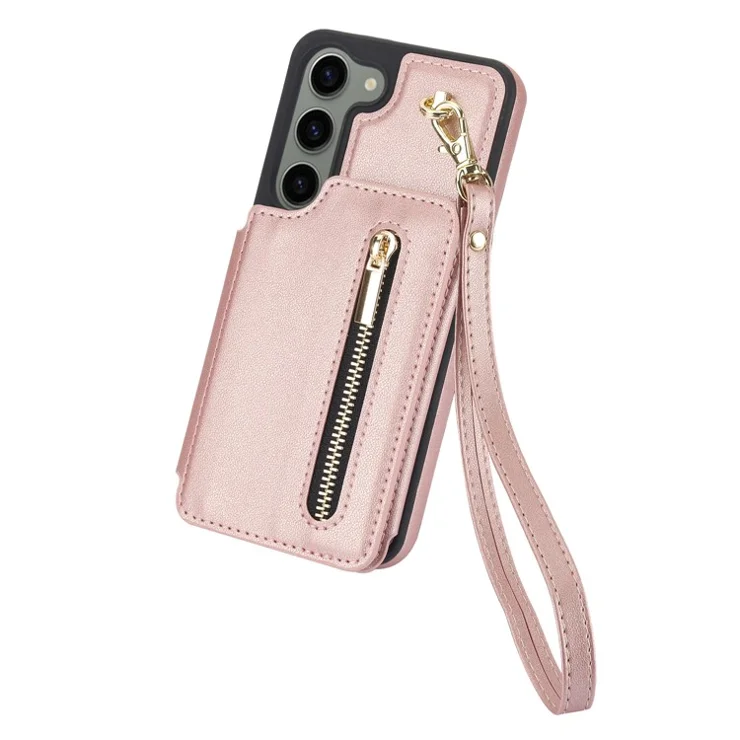 For Samsung Galaxy S23 Case with Card Holder Crossbody Leather Back Cover RFID Blocking - Rose Gold