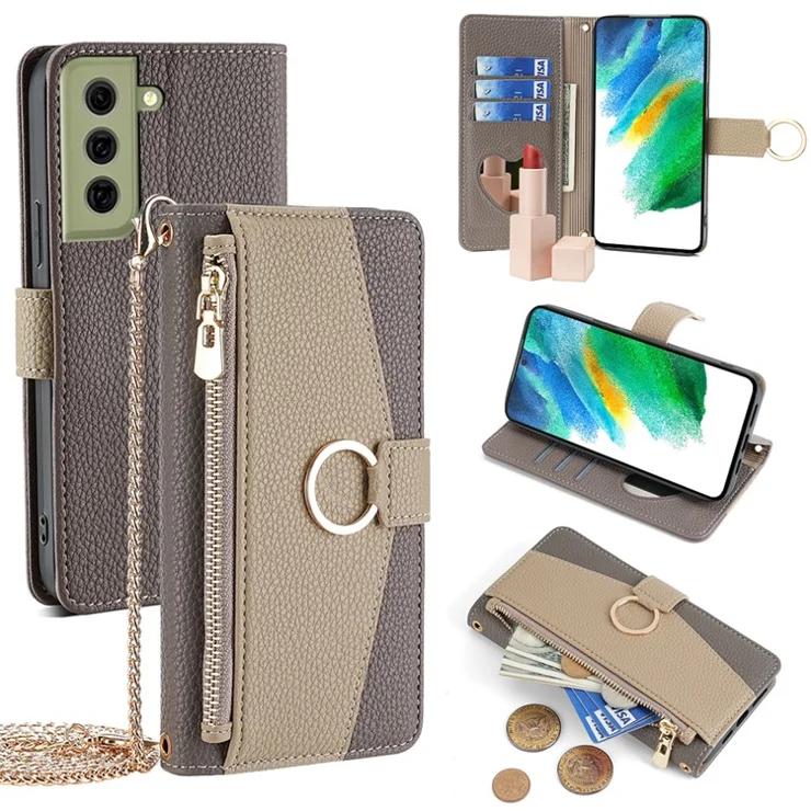 For Samsung Galaxy S21 FE 5G Wallet Phone Case with Crossbody Lanyard Zipper Leather Cover - Grey