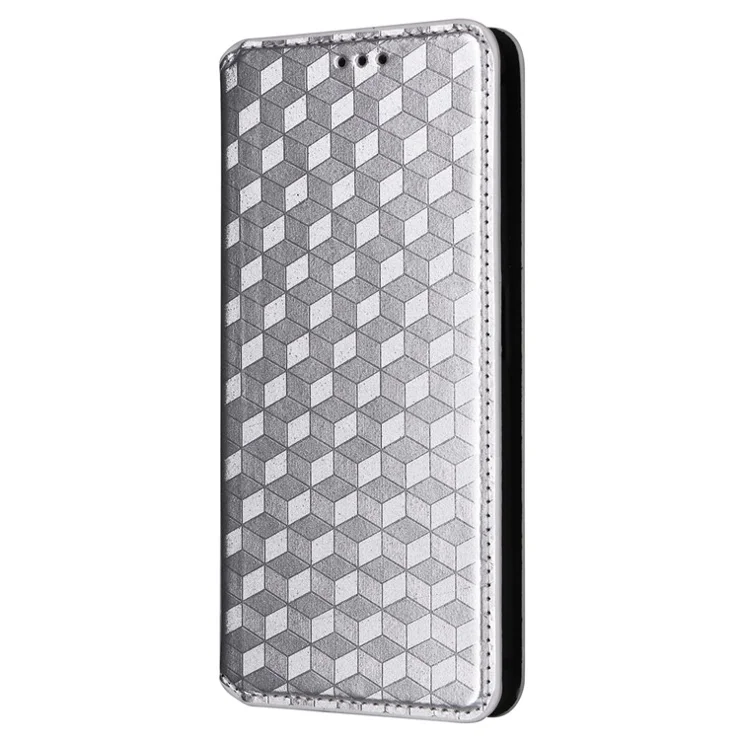 For Realme C67 4G / 12 Lite 4G PU Leather Case Flip Wallet Rhombus Imprinted Magnetic Folio Cover - Silver