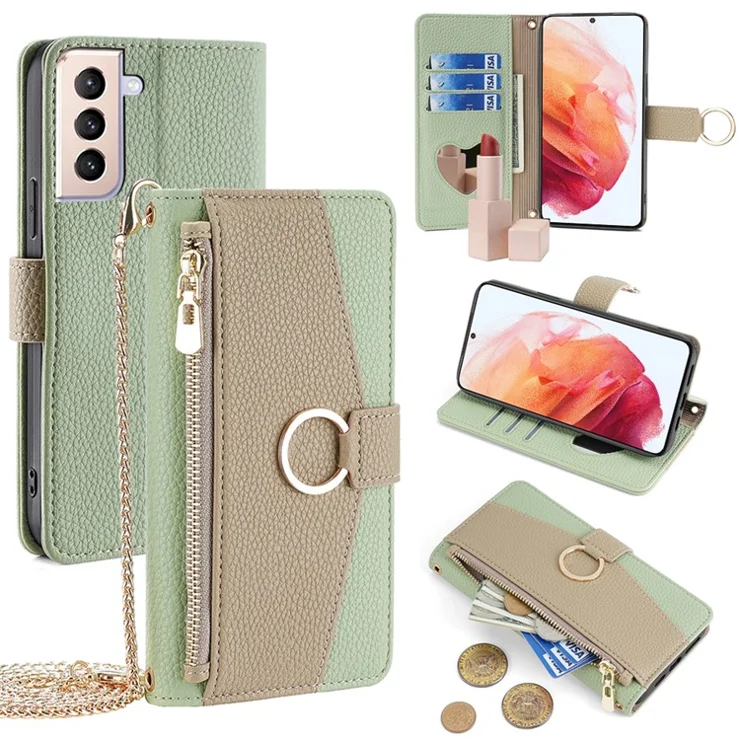 For Samsung Galaxy S21 4G / 5G Crossbody Case Zipper Pocket Makeup Mirror Phone Cover - Green