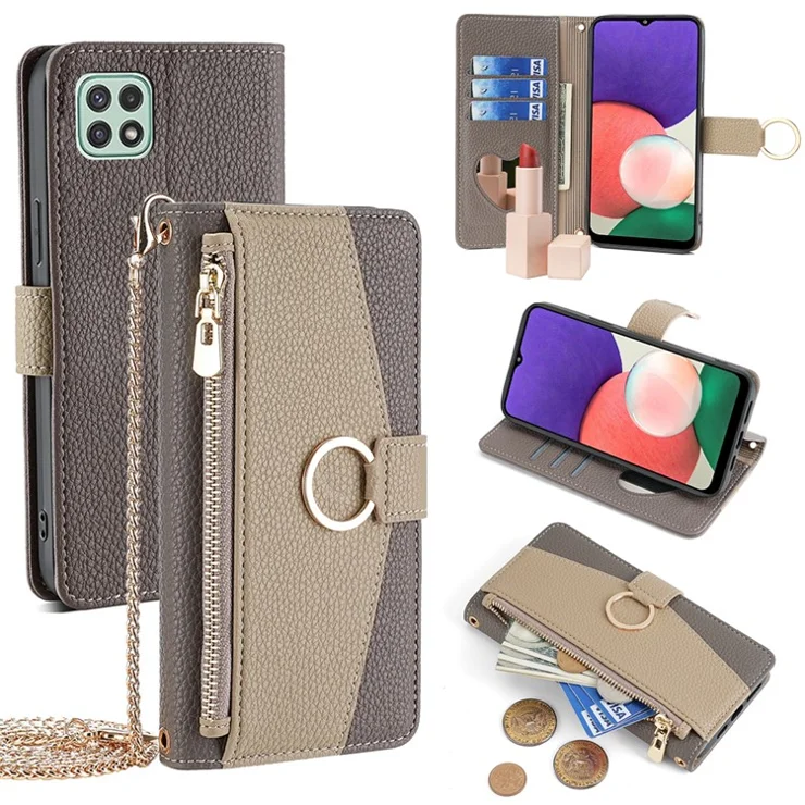 For Samsung Galaxy A22 5G (US Version) Case PU Leather Wallet Stand Cover with Shoulder Strap - Grey