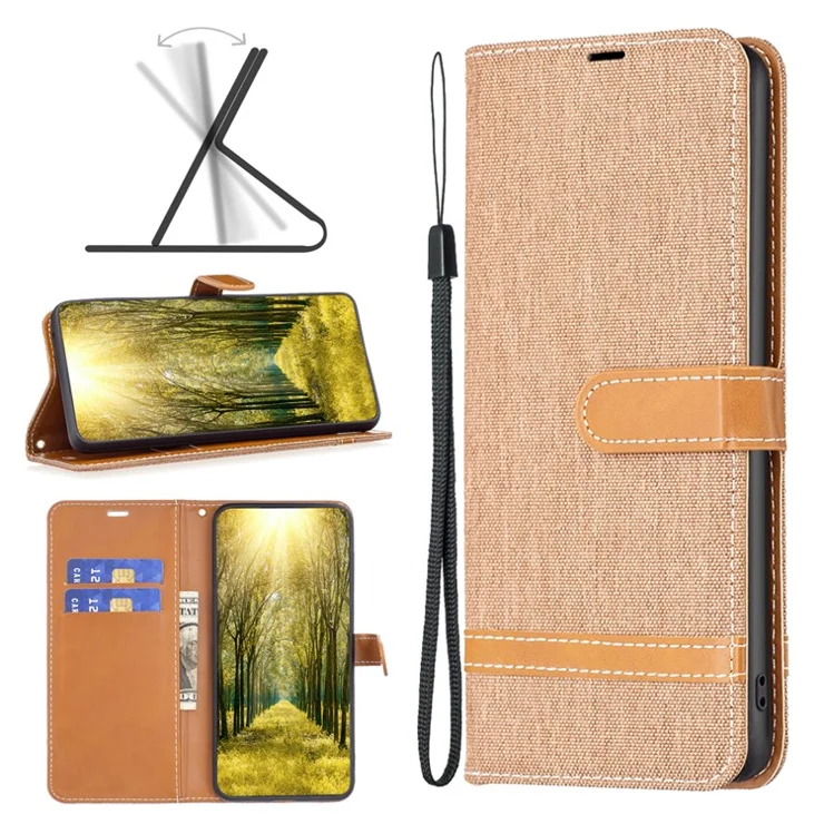 For Xiaomi Redmi Note 13 Pro 4G / Poco M6 Pro 4G Leather Wallet Case Jeans Cloth Texture Protective Cover - Brown