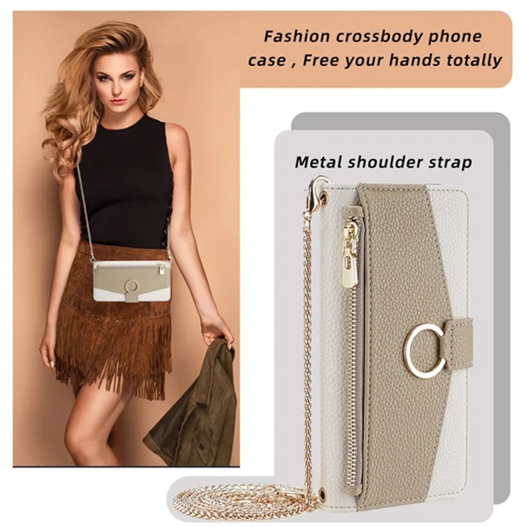 For Motorola Moto G72 4G Case Leather Phone Cover Stand Zipper Wallet Card Bag with Chain Strap - White