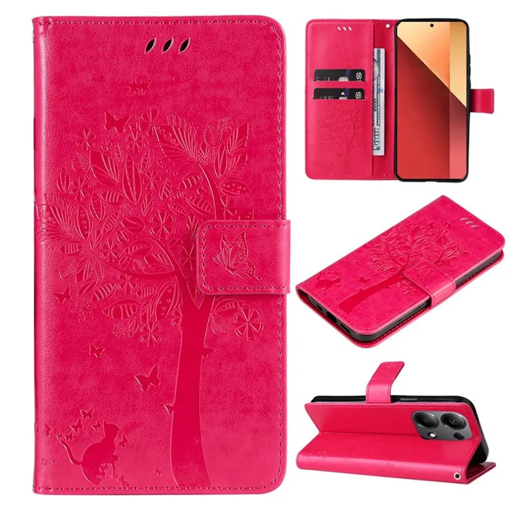 For Xiaomi Redmi Note 13 Pro 4G / Poco M6 Pro 4G Phone Case with Stand Cat Tree Pattern Leather Wallet Mobile Cover - Rose