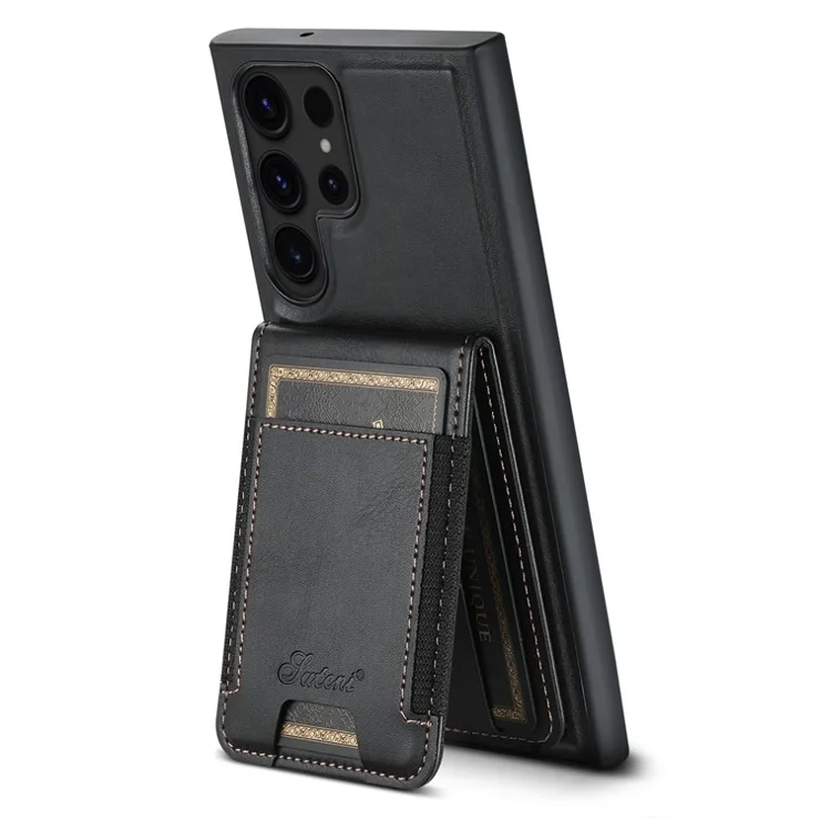 SUTENI H17 For Samsung Galaxy S24 Ultra Magnetic Case Waxy Texture Detachable Card Holder Phone Cover - Black