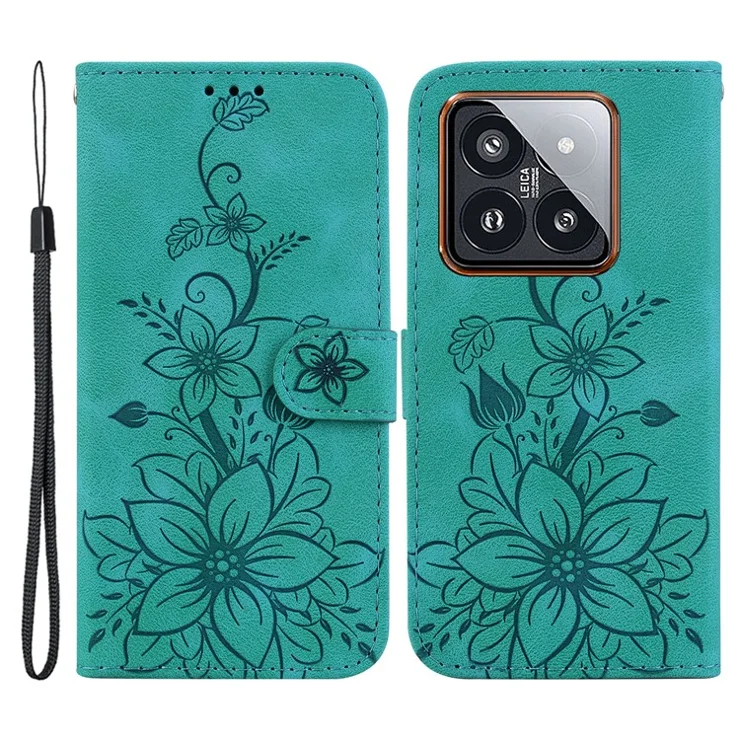For Xiaomi 14 Pro Wallet Case Flower Imprinted Phone Cover - Green
