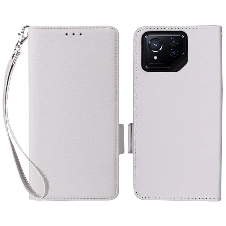 For Asus ROG Phone 8 5G / ROG Phone 8 Pro 5G Case with Wrist Strap Litchi Texture PU Leather Wallet Phone Cover - White