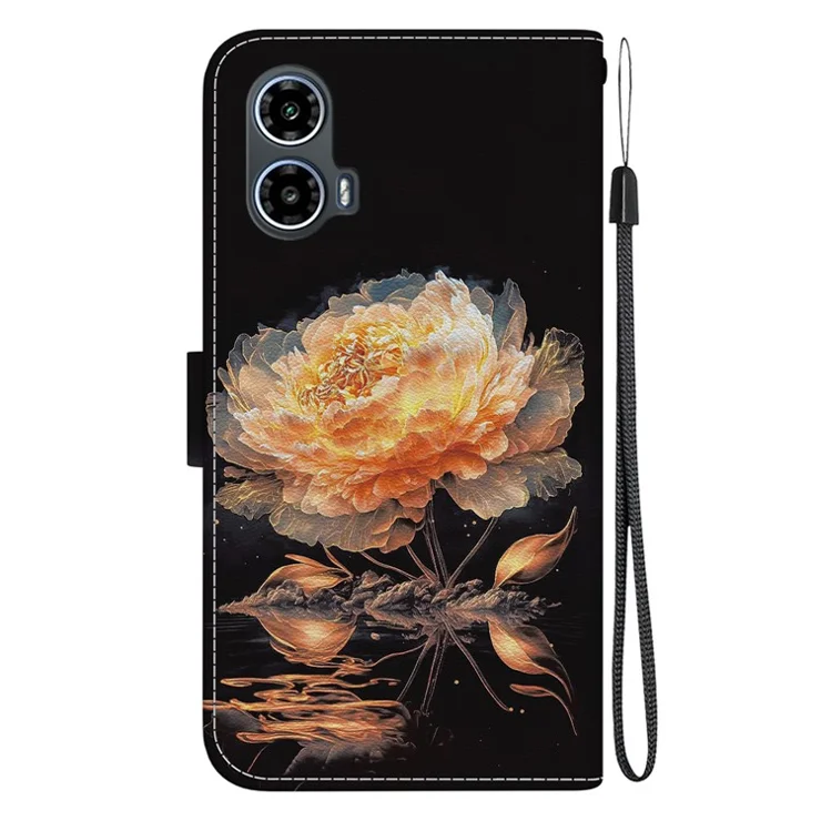 For Motorola Moto E14 4G / G04 4G / G04s 4G / G24 4G Leather Case Pattern Printing Wallet Stand Cover - Gold Peony