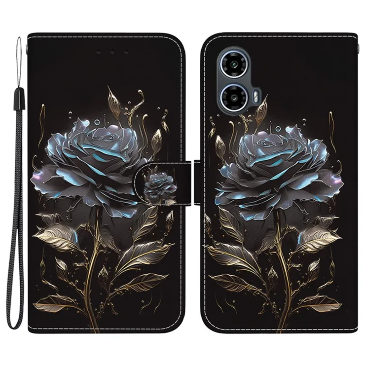 For Motorola Moto E14 4G / G04 4G / G04s 4G / G24 4G Leather Case Pattern Printing Wallet Stand Cover - Black Rose