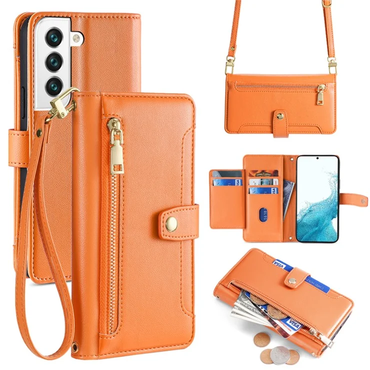 For Samsung Galaxy S22 5G Case Zipper Pocket Leather Phone Drop Protection Cover with 2 Straps - Orange
