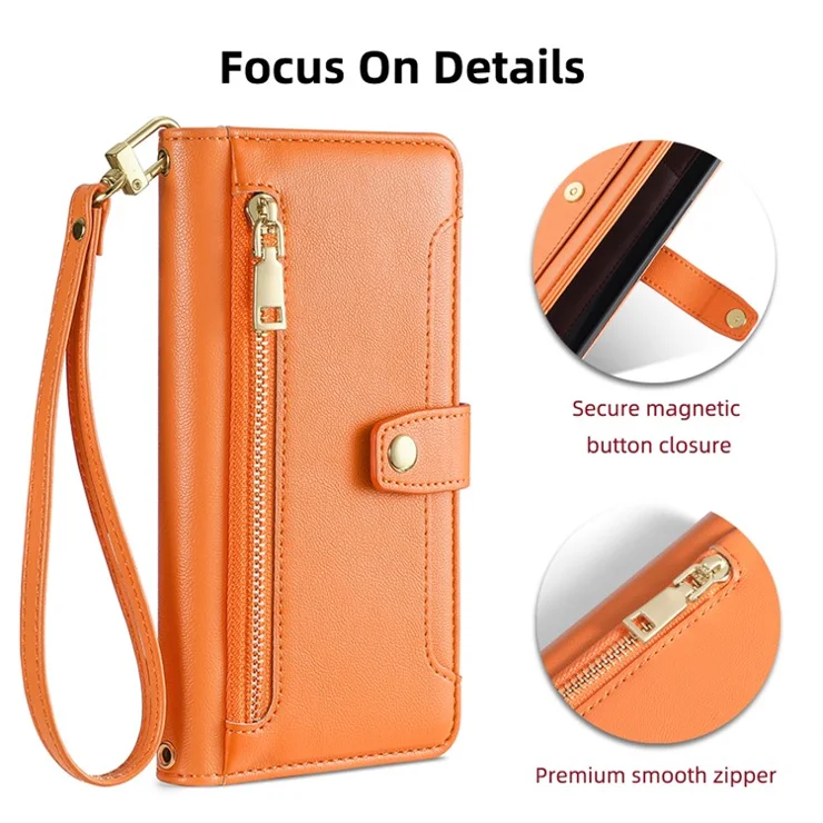 For Samsung Galaxy S22+ 5G Cell Phone Case Zipper Pocket Anti-fall Leather Wallet Cover - Orange