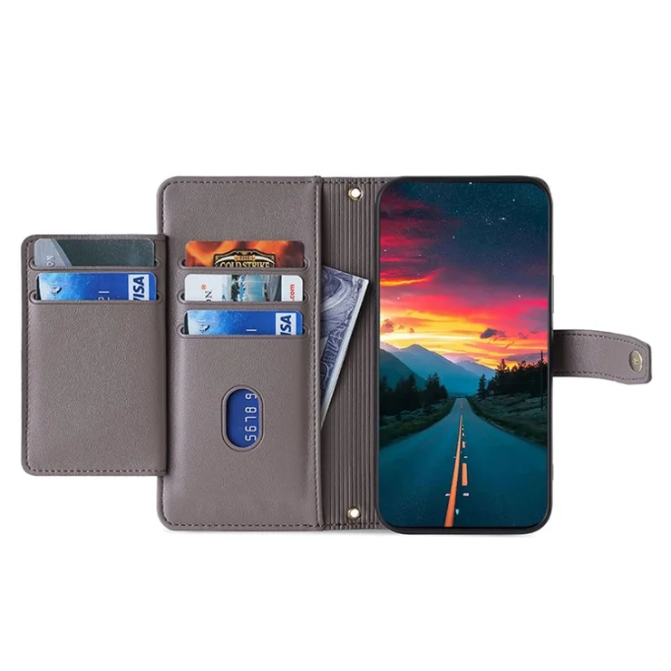 For Samsung Galaxy S21 FE 5G Cell Phone Case Anti-fall Leather Wallet Phone Cover with 2 Straps - Grey