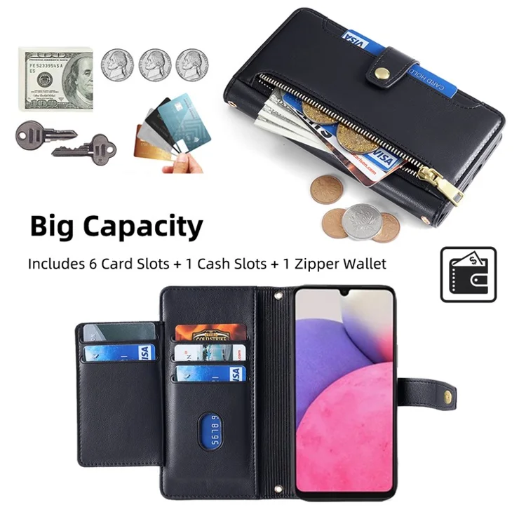 For Samsung Galaxy A33 5G Case Zipper Pocket Stand Phone Cover with Shoulder Strap - Black