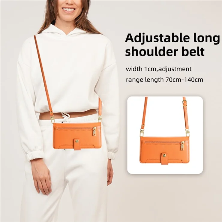 For Samsung Galaxy S21 Ultra 5G Case Zipper Pocket Card Slots Cover with Shoulder Wrist Straps - Orange