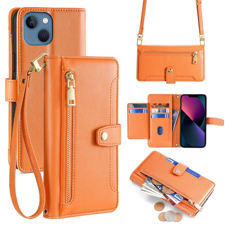 For iPhone 13 6.1 inch Case Drop-resistant Leather Flip Stand Phone Protector - Orange