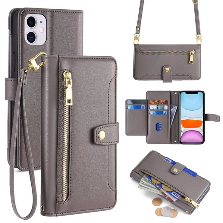 For iPhone 11 Case Anti-scratch Wallet Phone Cover with Magnetic Closure - Grey