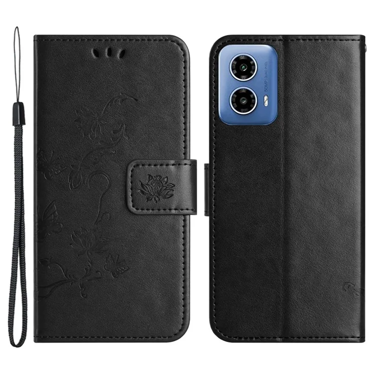 For Motorola Moto G45 5G / G34 5G Case Imprinted Shockproof Stand PU Leather Wallet Cell Phone Cover - Black