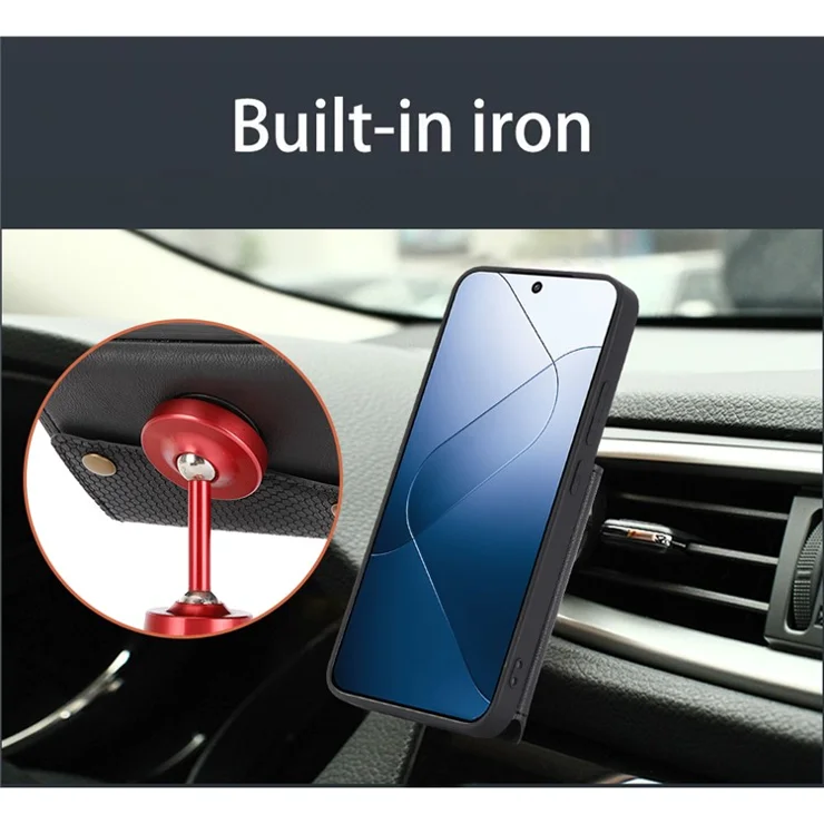 For Xiaomi 14 Case Card Holder PU Leather Coated TPU Kickstand Phone Cover - Red