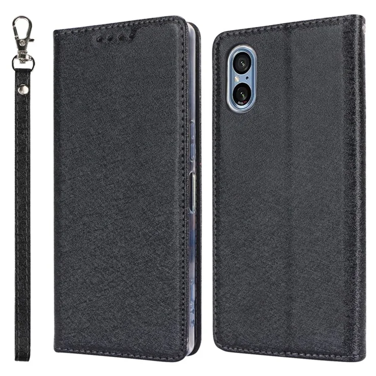 For Sony Xperia 5 V Phone Case Silk Texture Stand TPU + PU Leather Cover Wallet - Black