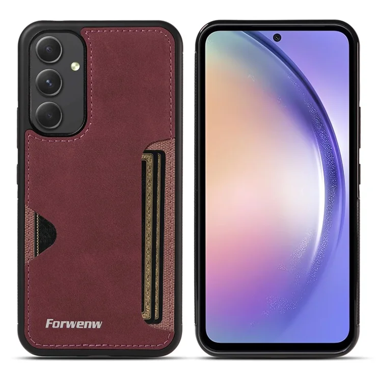 FORWENW F5 Series For Samsung Galaxy A54 5G Cover Card Holder Anti-drop Cell Phone Case - Wine Red