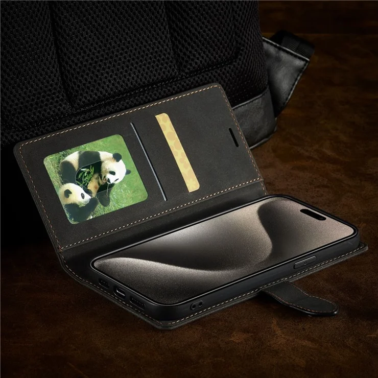 FORWENW F1 Series For iPhone 15 Pro Case PU Leather Magnetic Clasp Full Protection Phone Wallet Cover - Black