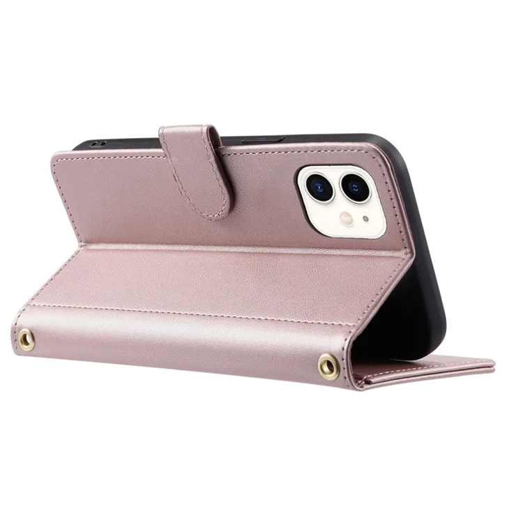 For iPhone 12 mini Leather Case Crossbody Phone Cover with 2 Straps - Rose Gold