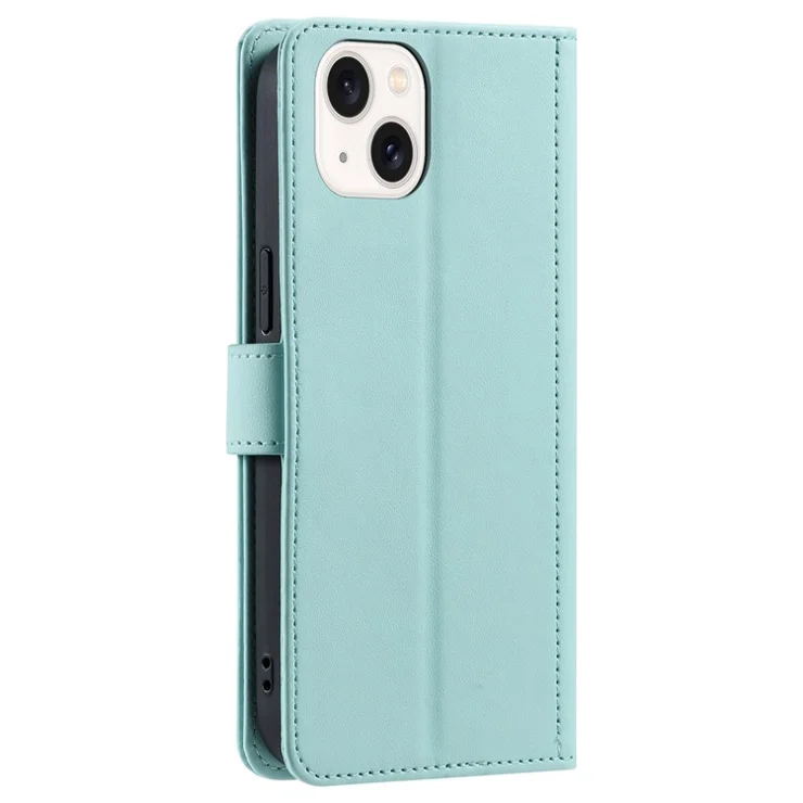 For iPhone 13 / 14 Leather Case with Straps Magnetic Clasp Wallet Phone Cover - Mint Green