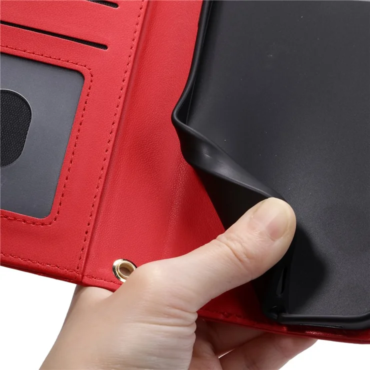 For iPhone 11 Case PU Leather Crossbody Phone Wallet Cover Stitching Rhombus Grid - Red