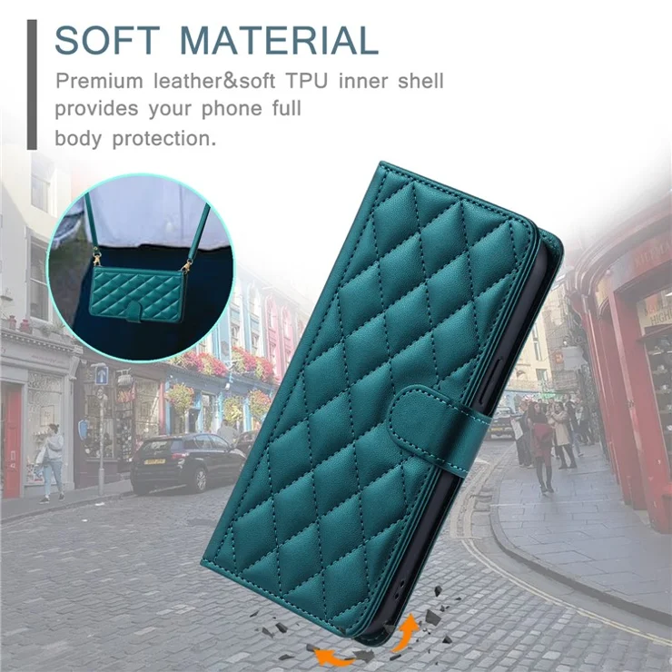 For iPhone 13 Pro Leather Case with Shoulder Strap Phone Wallet Cover - Green