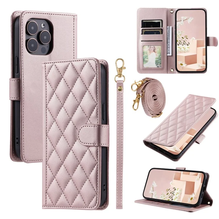 For iPhone 15 Pro Max Leather Case with Shoulder Strap Wallet Stand Phone Cover - Rose Gold