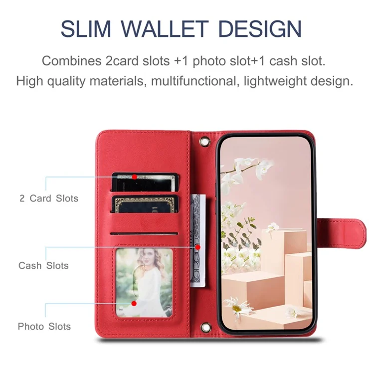 For iPhone XR Leather Case Rhombus Grid Flip Wallet Phone Cover with Straps - Red