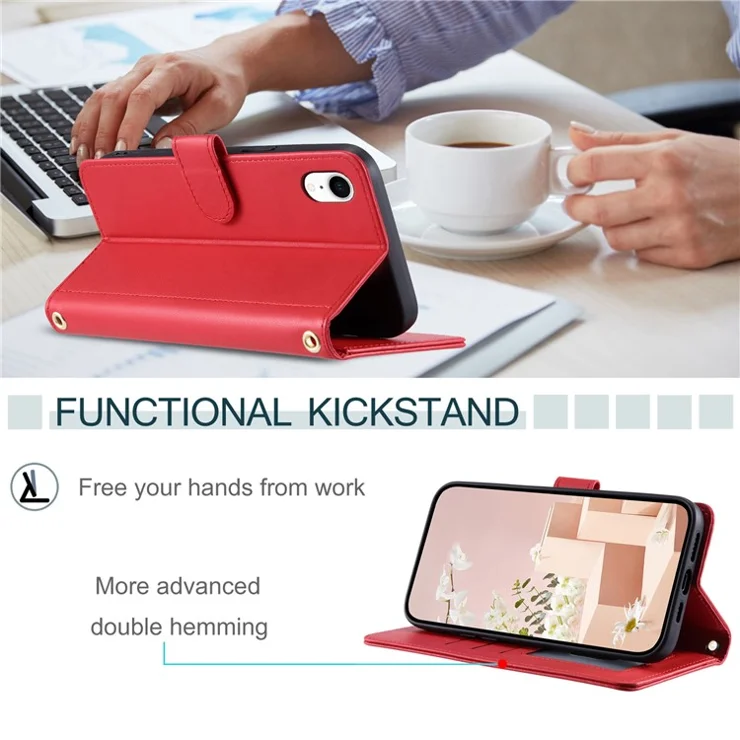 For iPhone XR Leather Case Rhombus Grid Flip Wallet Phone Cover with Straps - Red