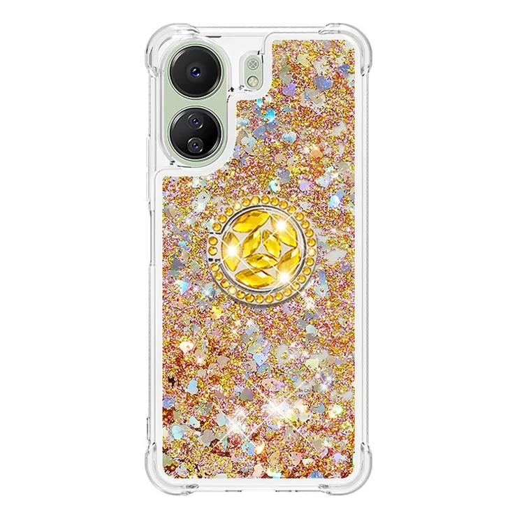 For Xiaomi Redmi 13C 4G / 13C 5G / 13R 5G / Poco M6 5G / Poco C65 4G TPU Case Kickstand Quicksand Phone Cover - Gold / Hearts