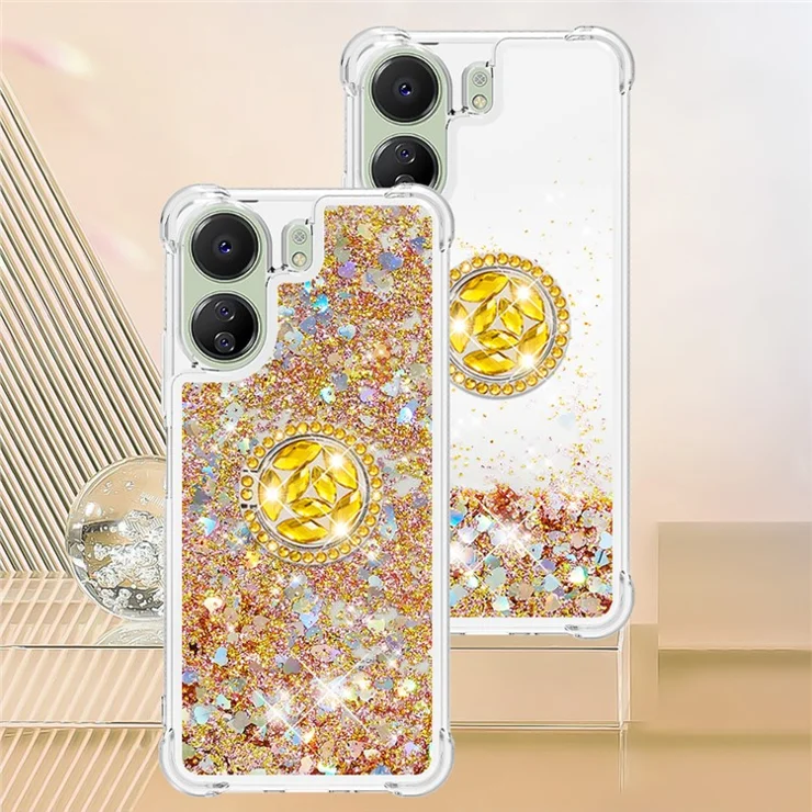 For Xiaomi Redmi 13C 4G / 13C 5G / 13R 5G / Poco M6 5G / Poco C65 4G TPU Case Kickstand Quicksand Phone Cover - Gold / Hearts