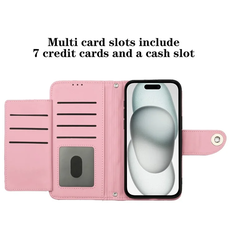 For iPhone 14 Plus Leather Case Phone Stand Cover with 7 Card Slots and Hand Strap - Pink