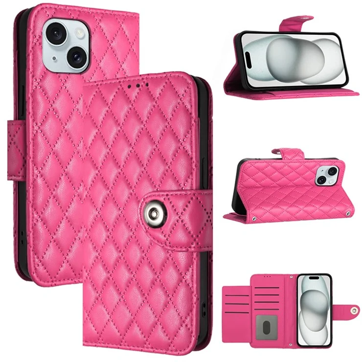 For iPhone 15 Leather Case Phone Stand Cover with 7 Card Slots and Hand Strap - Rose