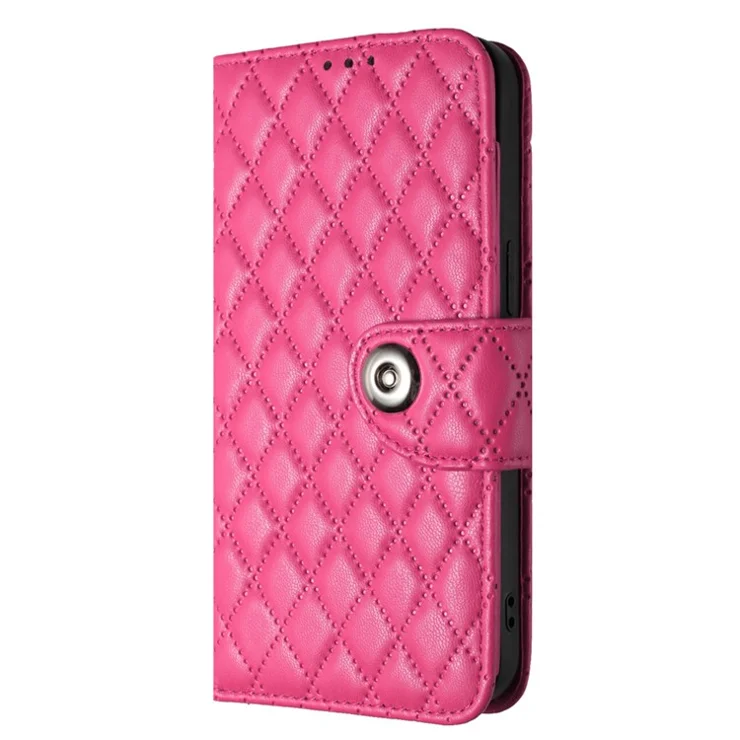For iPhone 15 Leather Case Phone Stand Cover with 7 Card Slots and Hand Strap - Rose