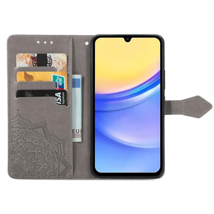 For Samsung Galaxy A15 4G / A15 5G Case Leather Embossed Mandala Pattern Phone Cover - Grey