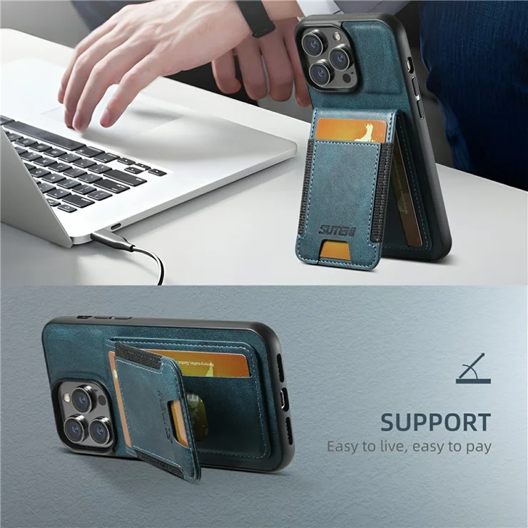 SUTENI H03 For iPhone 12 Pro Max Case Waxy Texture Card Holder Phone Cover - Blue