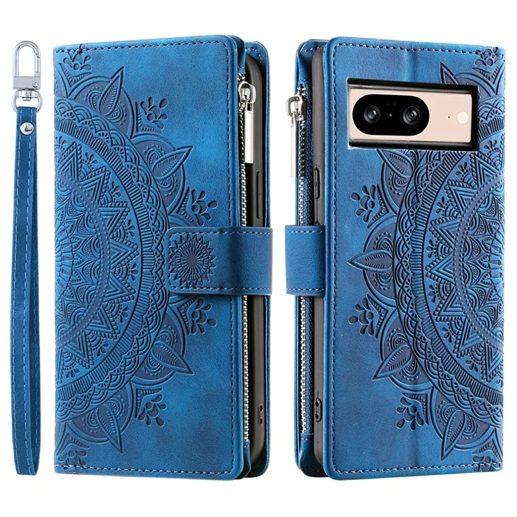 For Google Pixel 9 / Pixel 9 Pro PU Leather Case Mandala Flower Pattern Phone Cover Wallet - Blue