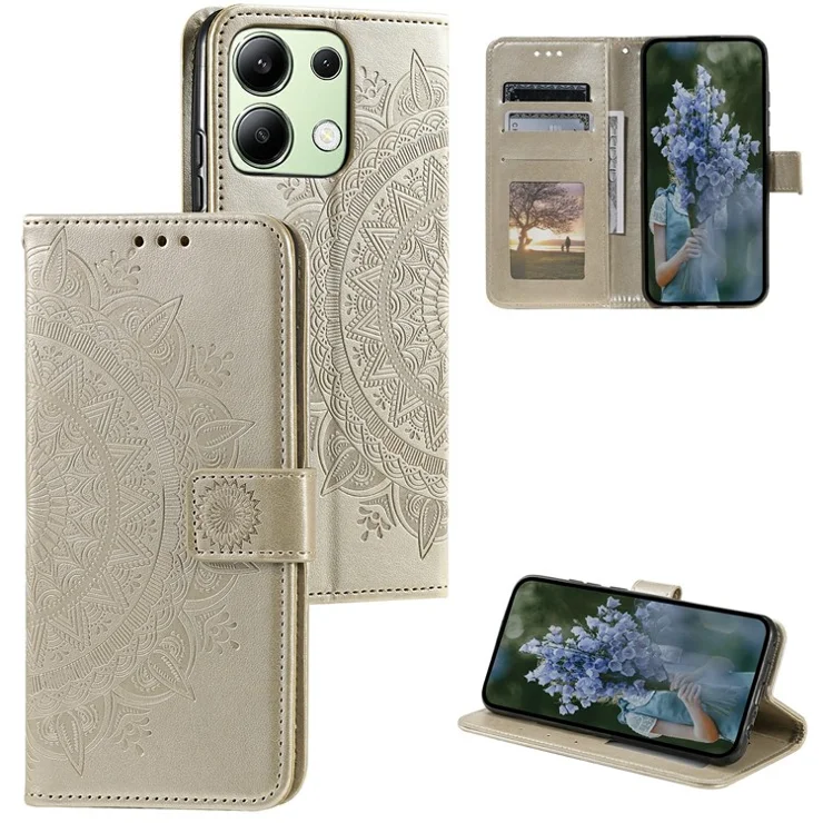 For Xiaomi Redmi Note 13 4G PU Leather Phone Case Imprinted Mandala Flower Stand Wallet Cover - Gold