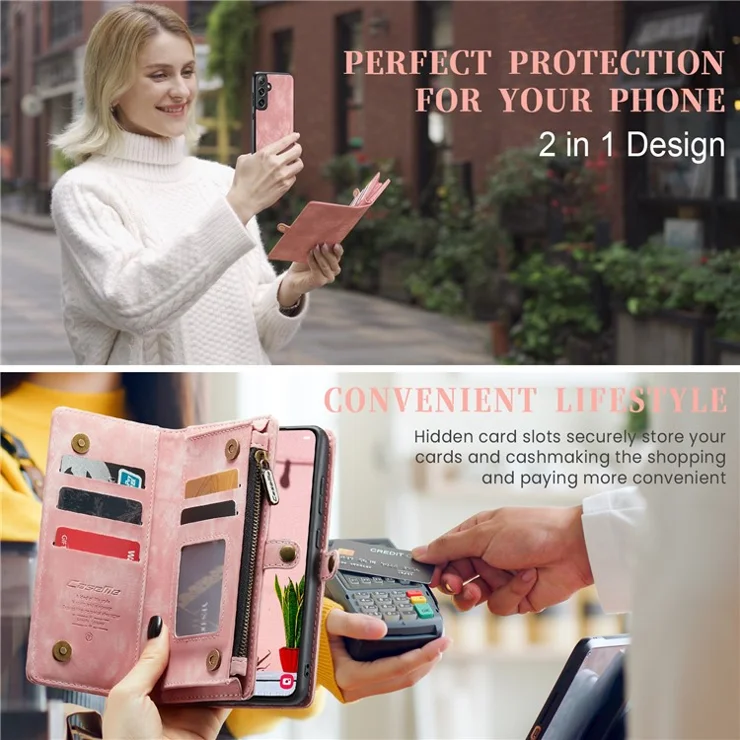 For Samsung Galaxy S24+ Phone Cases CASEME Leather Cover with Detachable Wallet and Strap - Pink
