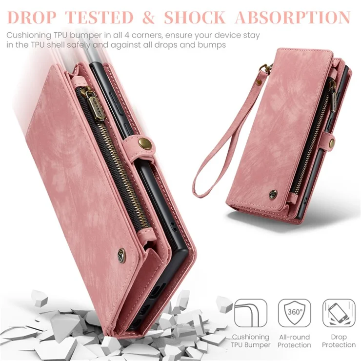 For Samsung Galaxy S24 Ultra Phone Cases CASEME Leather Cover with Detachable Wallet and Strap - Pink
