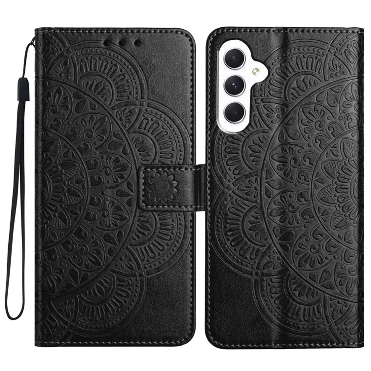 For Samsung Galaxy A15 5G Cell Phone Case Flower Imprinted Wallet Cover - Black