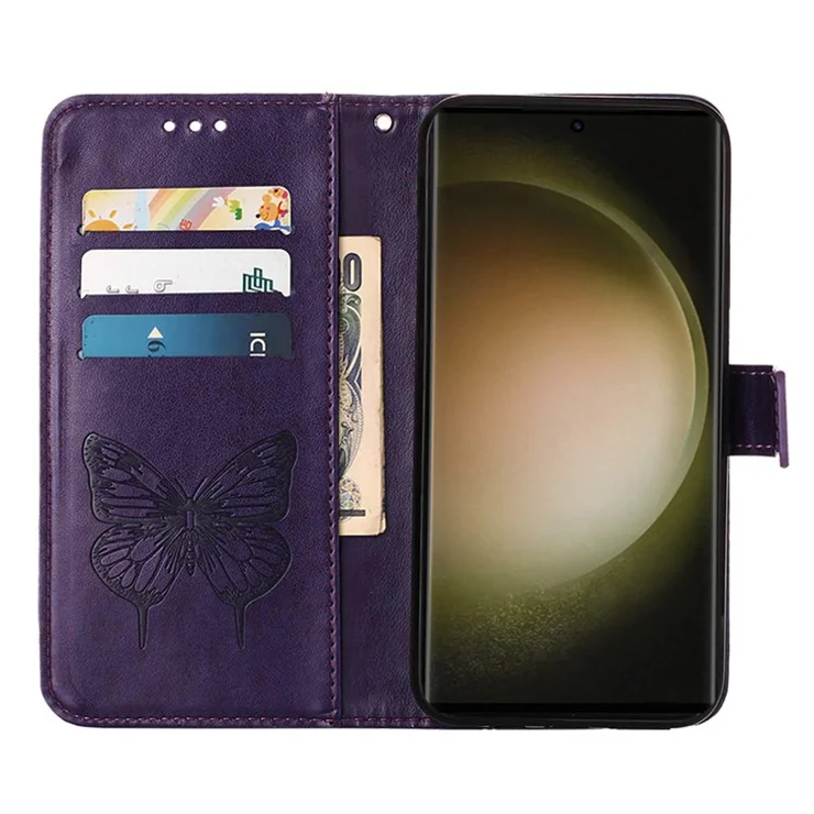 For Samsung Galaxy S24 Ultra Wallet Case with Wrist Strap Butterfly Imprint Leather Phone Cover - Dark Purple