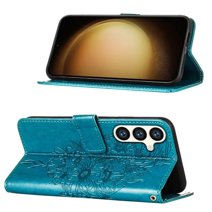 For Samsung Galaxy S24+ Wallet Case with Wrist Strap Butterfly Imprint Leather Phone Cover - Blue
