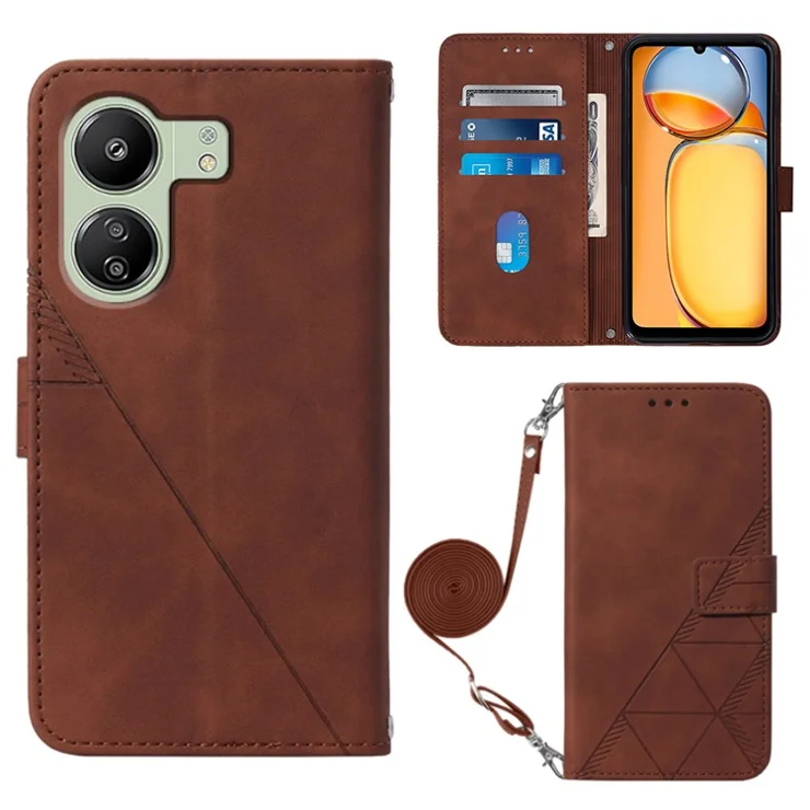 For Xiaomi Redmi 13C 4G / 13C 5G / 13R 5G / Poco M6 5G / Poco C65 4G Leather Wallet Case with Shoulder Strap - Brown